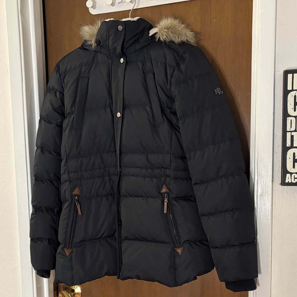 Women’s M Lauren Ralph Lauren Designer Black Puffer Jacket with Faux Fur